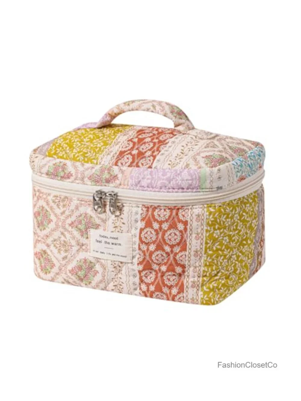 Large Quilted Floral Makeup Bag with Top Handle, Travel Toiletry Organizer